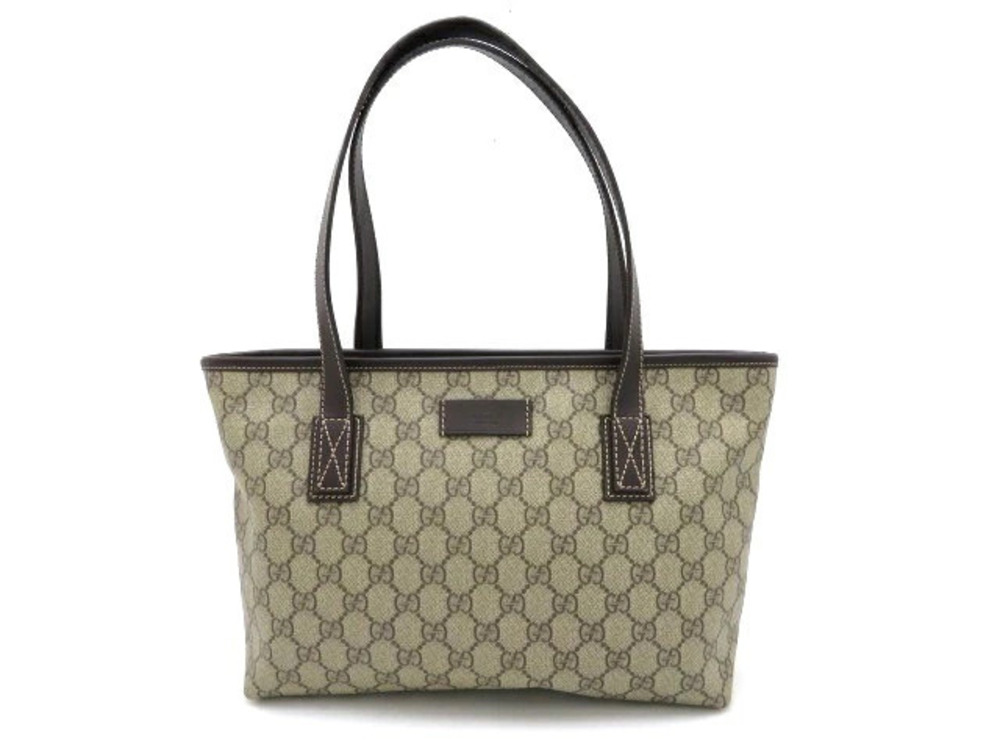 Gucci Tote Bag GG Plus Canvas Calfskin Beige Cream Brown